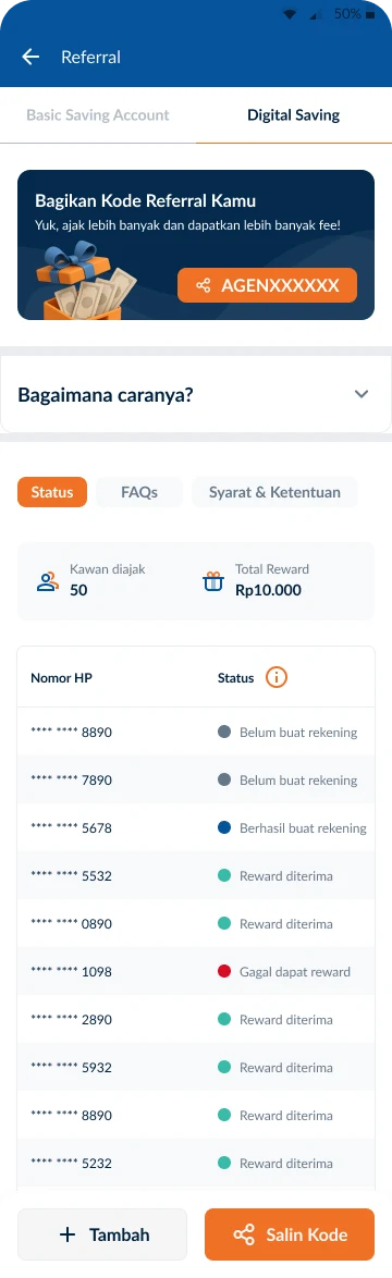 Agen Raya digital saving referral list screen