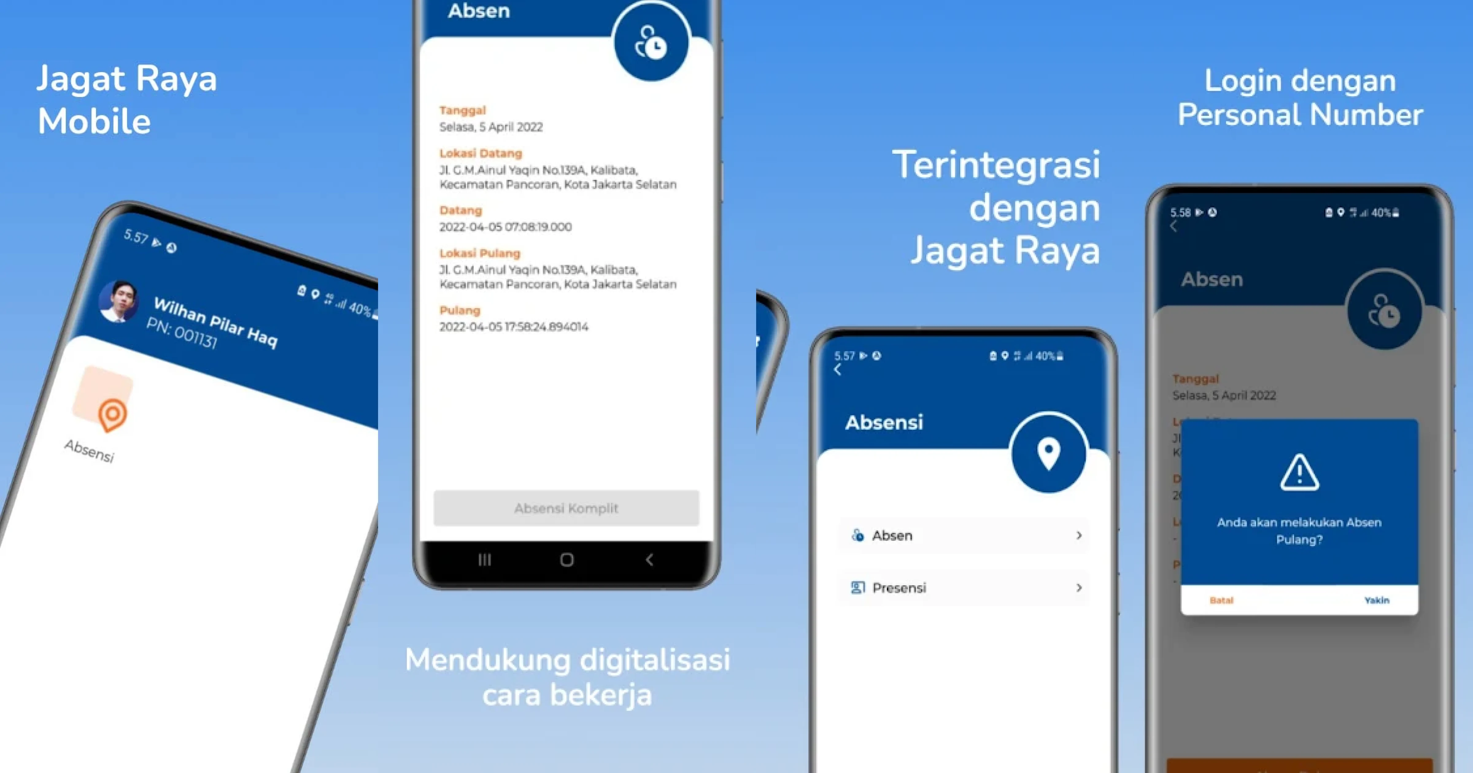 Jagat Raya Mobile app screens: login, attendance, and clock-out confirmation
